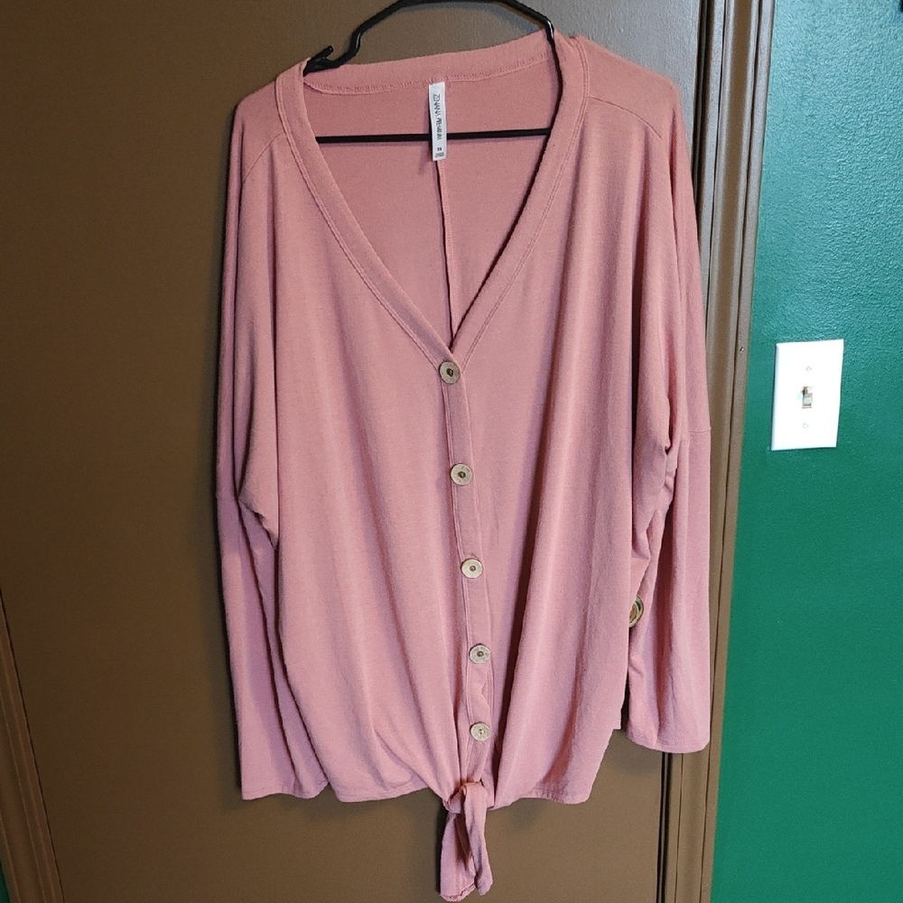 Zahana Blush Button-Front Tie Hem Cardigan - 2X